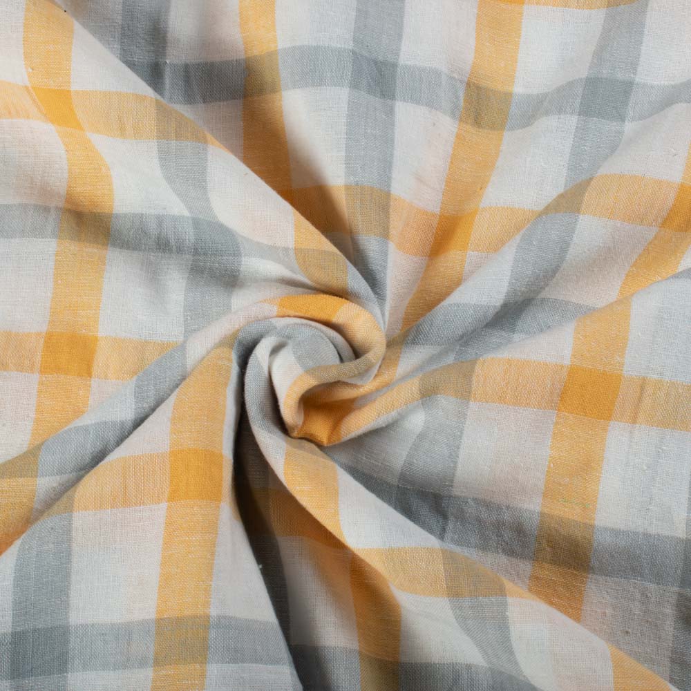 Yellow Grey White Pure Cotton 100 GSM Check Handwoven Fabric