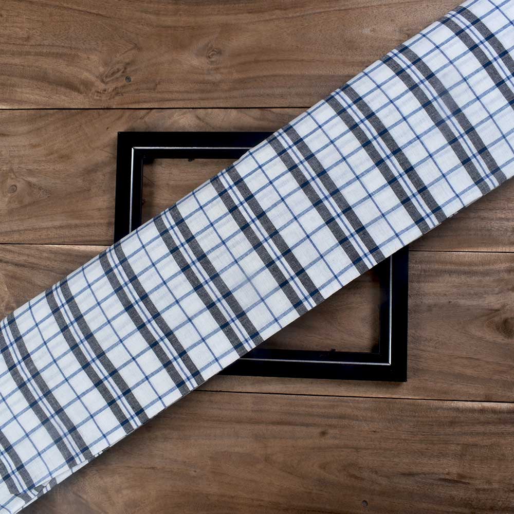 Check White Blue & Black Pure Cotton 95 GSM Handwoven Fabric