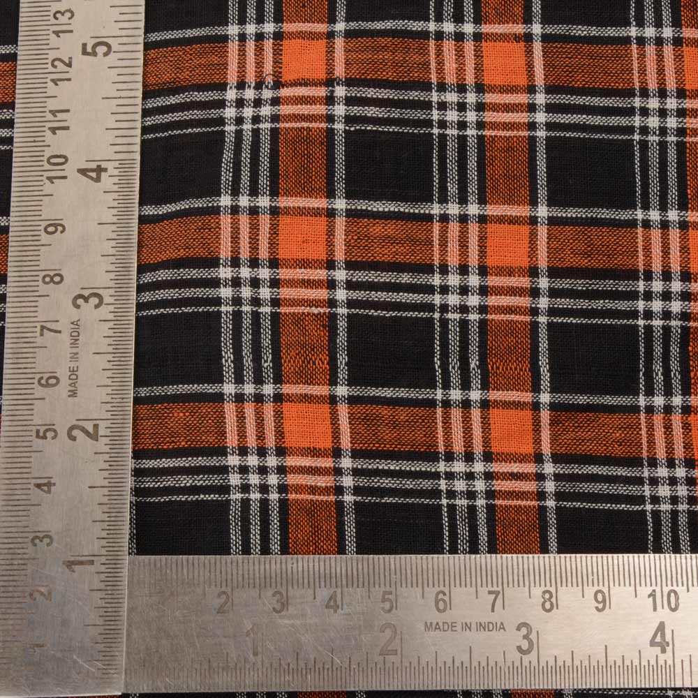CHECK ORANGE & BLACK PURE COTTON 93 GSM HANDWOVEN FABRIC 118
