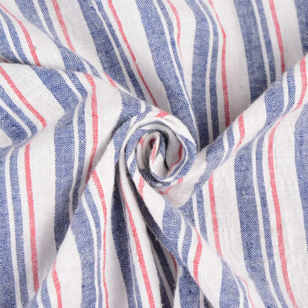 Stripe Blue White & Red Khadi Fabric - 112 GSM Handspun & Handwoven