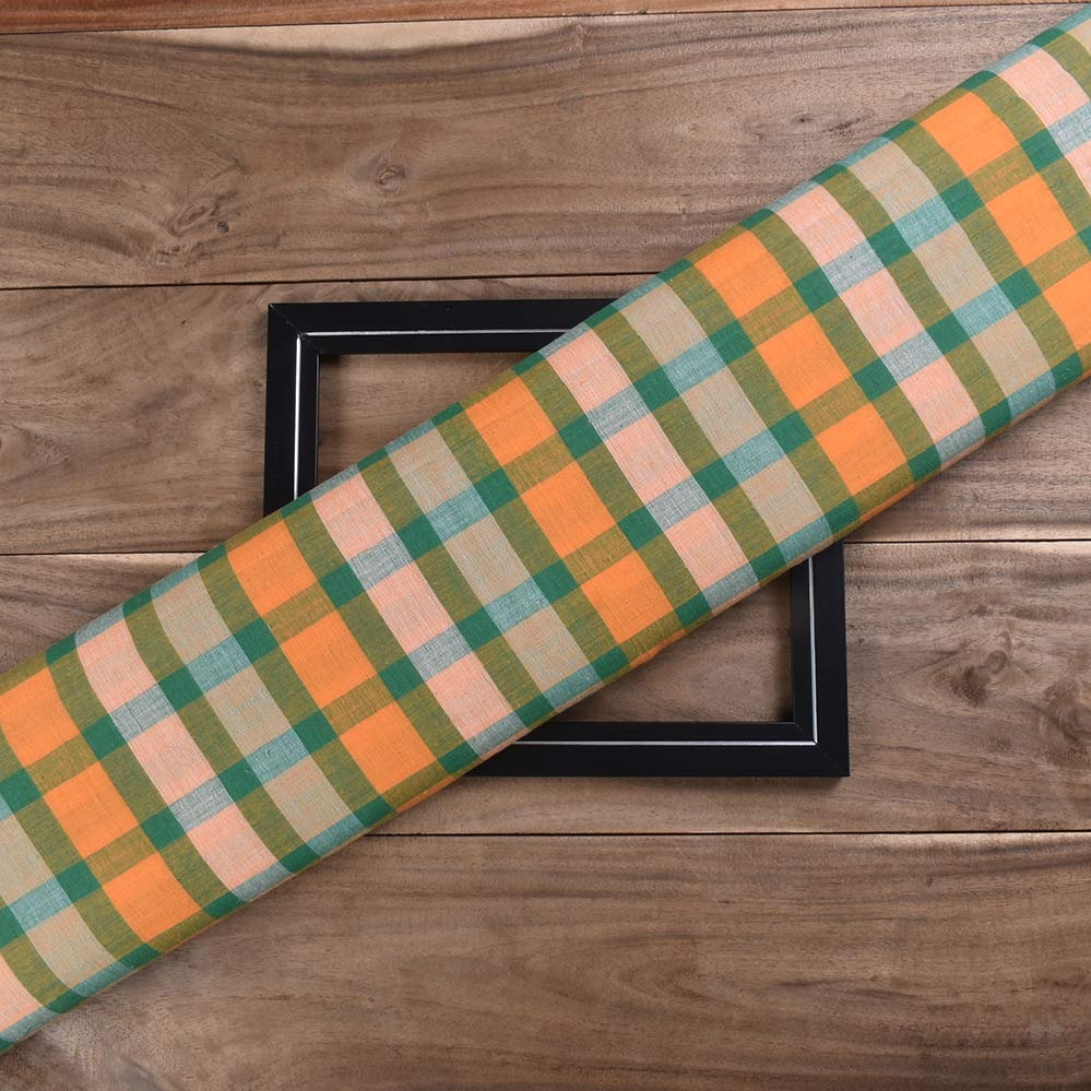 Check Orange & Green Pure Cotton 96 GSM Handwoven Fabric