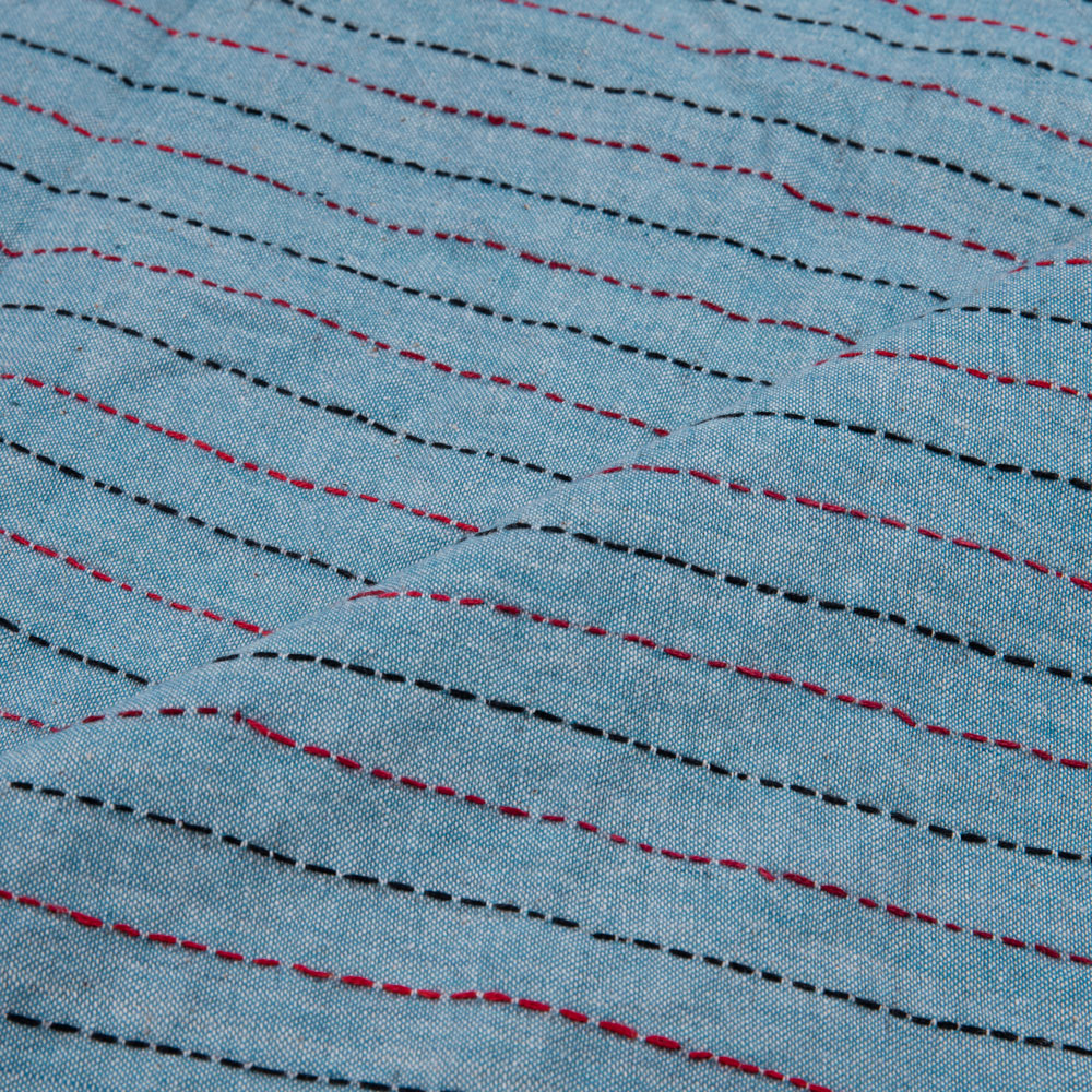 STRIPE BLUE KANTHA EMBROIDERED KHADI COTTON 141 GSM HANDWOVEN FABRIC