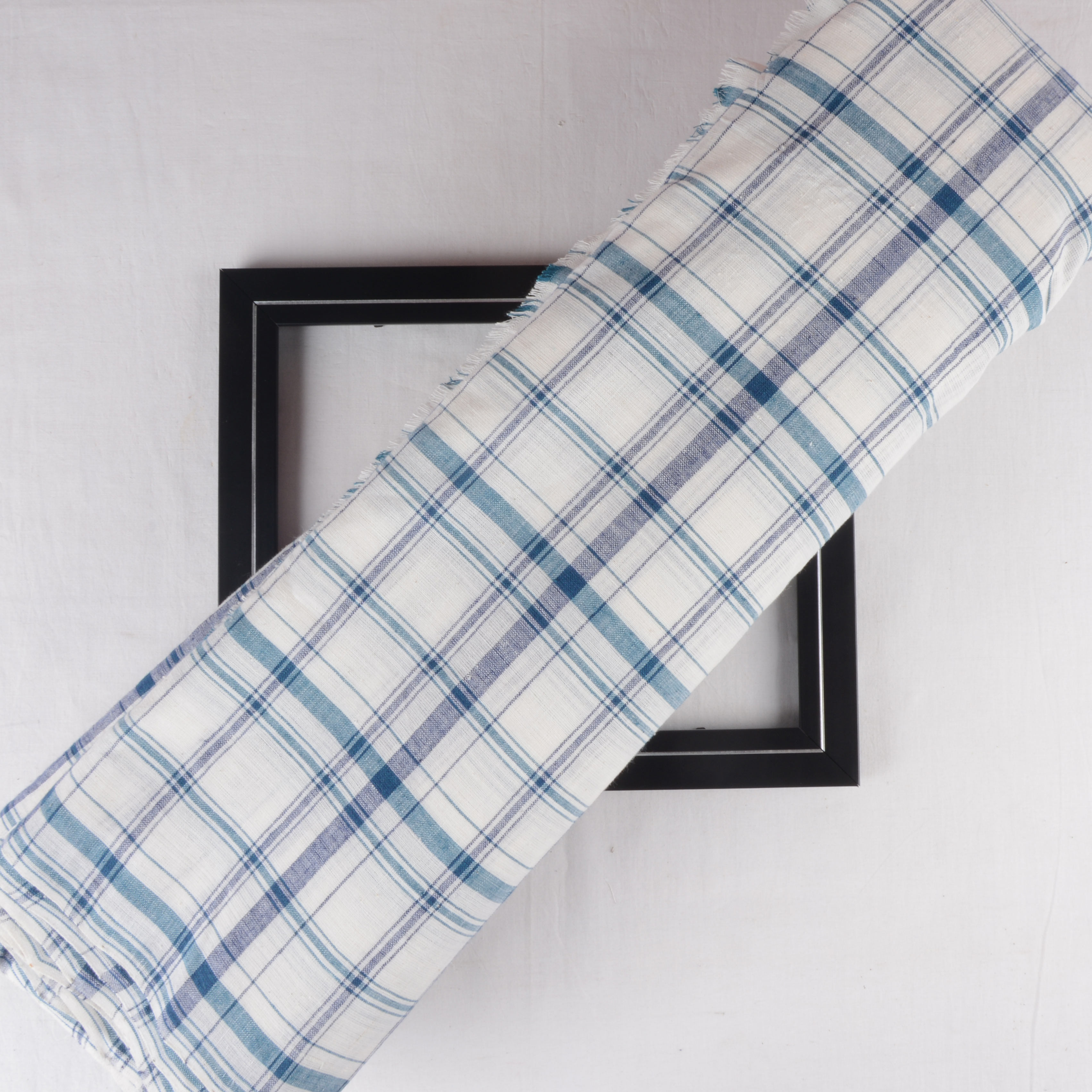 Check Blue Teal & White Khadi Fabric - 112 GSM Handspun & Handwoven