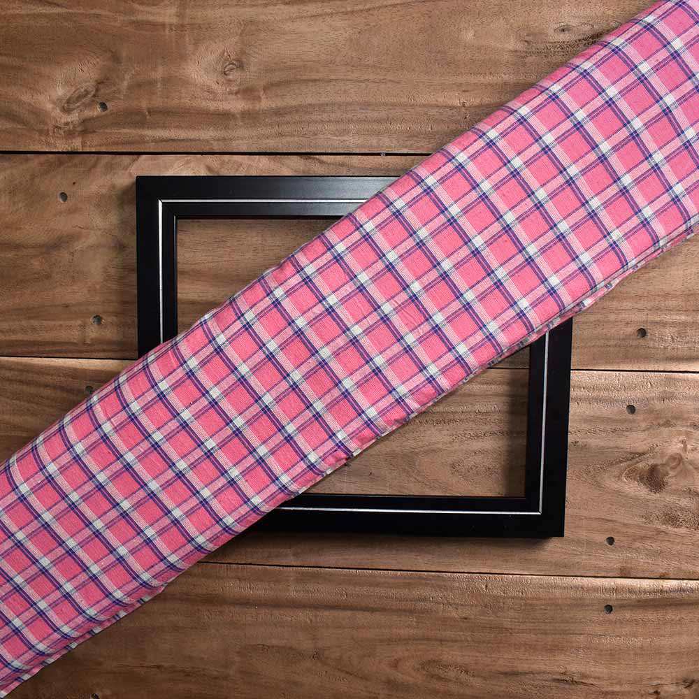 Check Pink Pure Cotton 100 GSM Handwoven Fabric