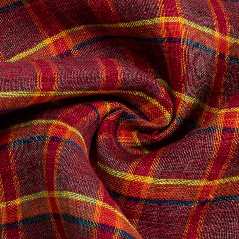 Check Maroon Pure Linen 116 GSM Handwoven Fabric
