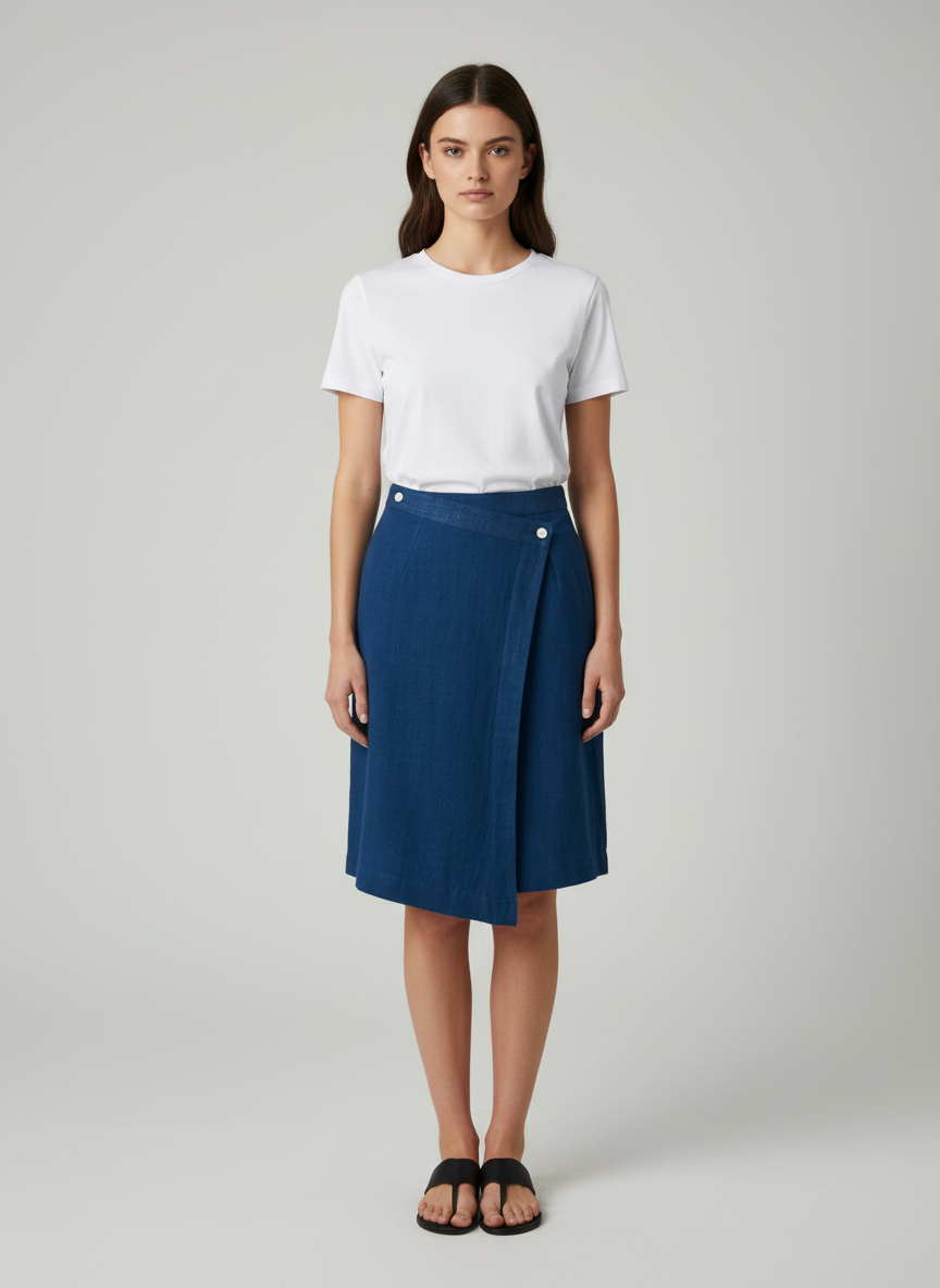 Knee Length Pencil Skirt- Side Single Button- Asymmetrical