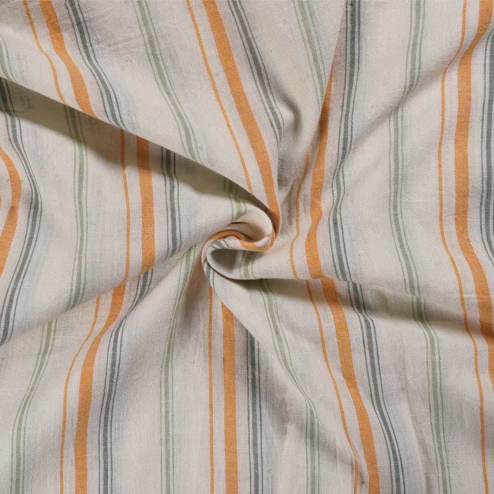 Stripe White Orange & Green Pure Cotton 89 GSM Handwoven Fabric