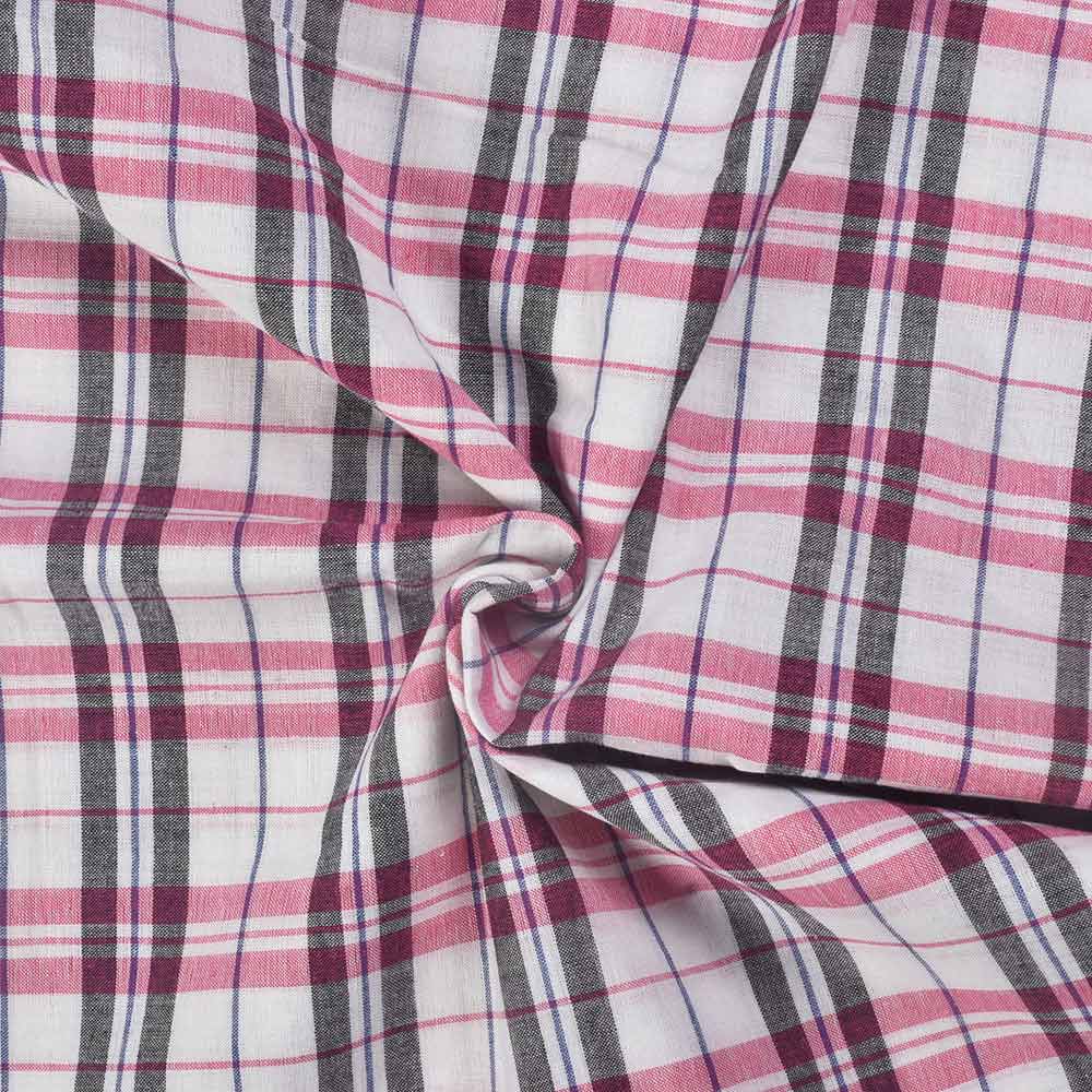 Check White Pink & Black Pure Cotton 98 GSM Handwoven Fabric