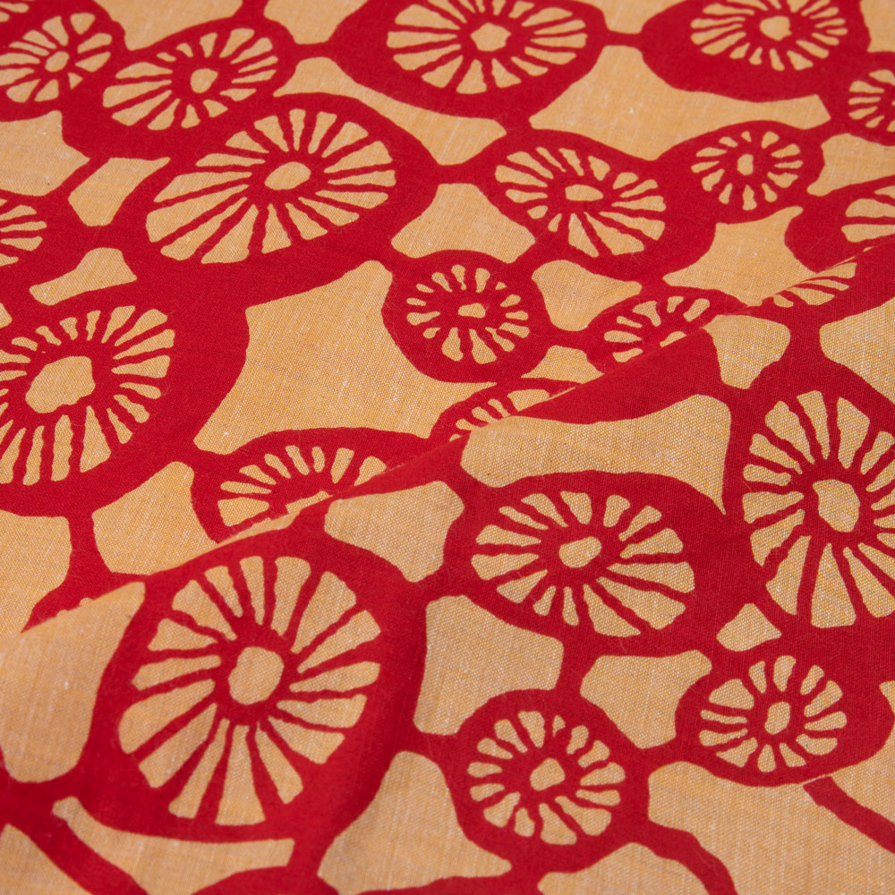 ABSTRACT RED & PEACH SCREENPRINTED COTTON KHADI 90 GSM HANDWOVEN FABRIC