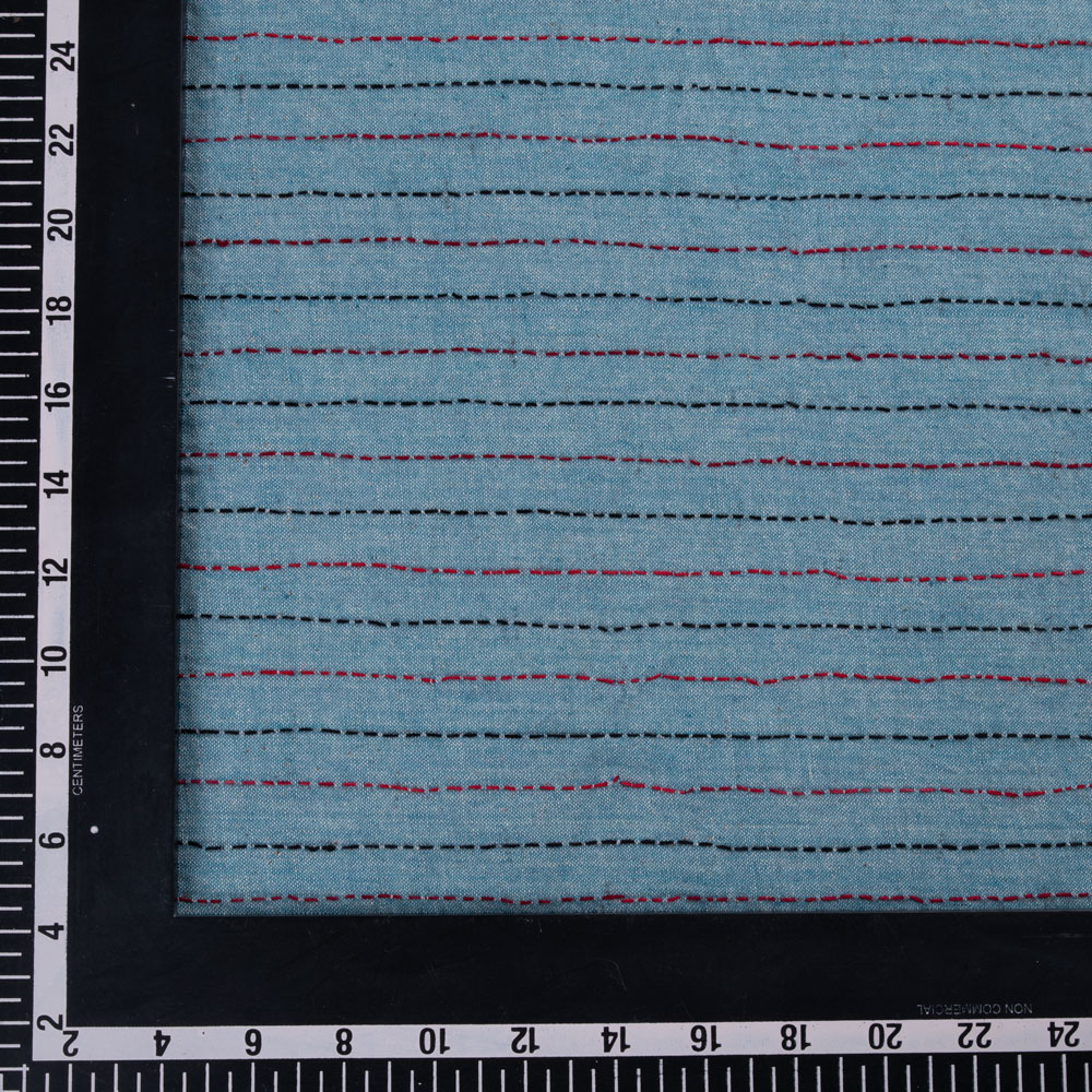 STRIPE BLUE KANTHA EMBROIDERED KHADI COTTON 141 GSM HANDWOVEN FABRIC