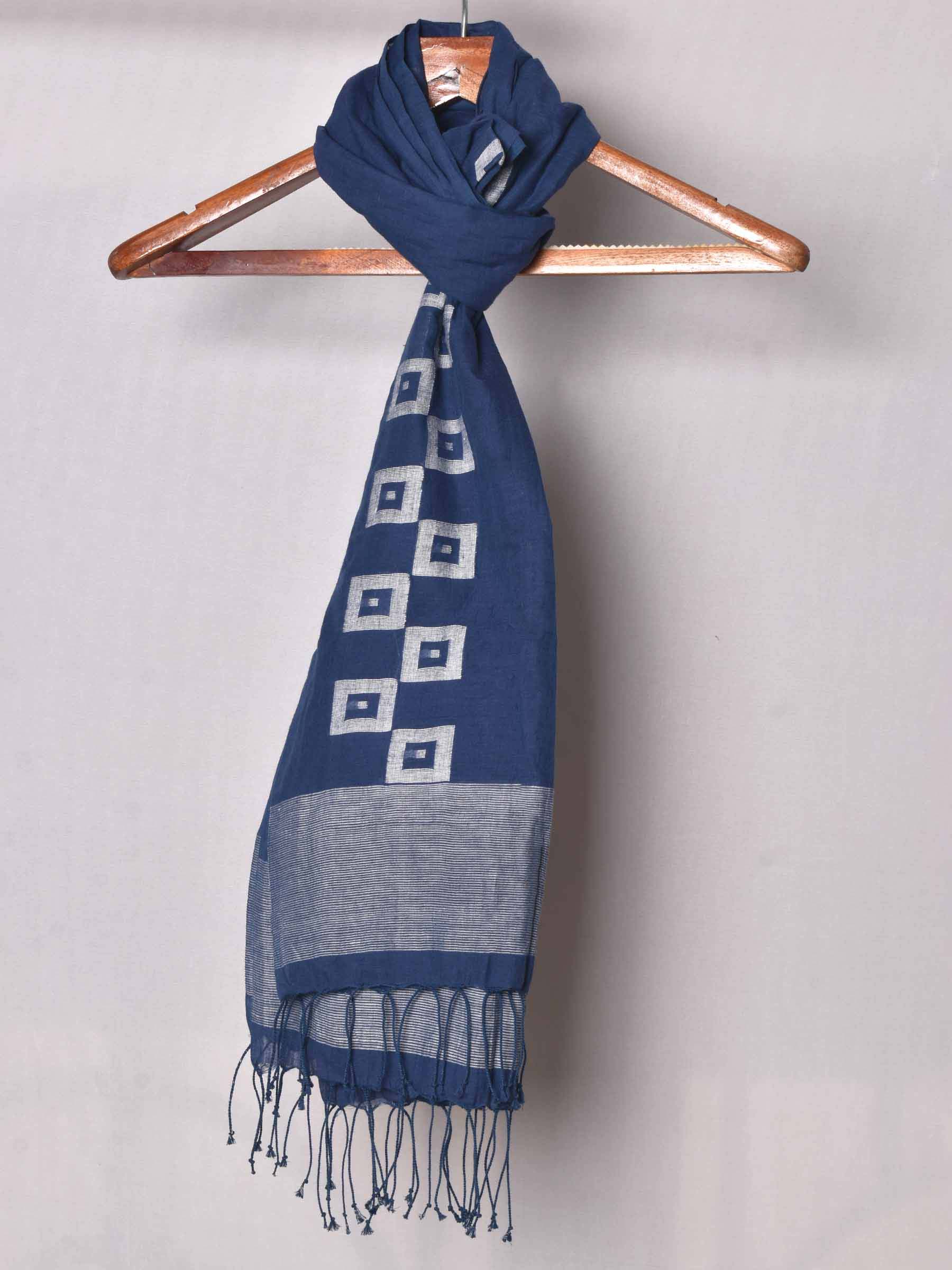 Geometric Blue Handwoven Pure Cotton Scarf 130