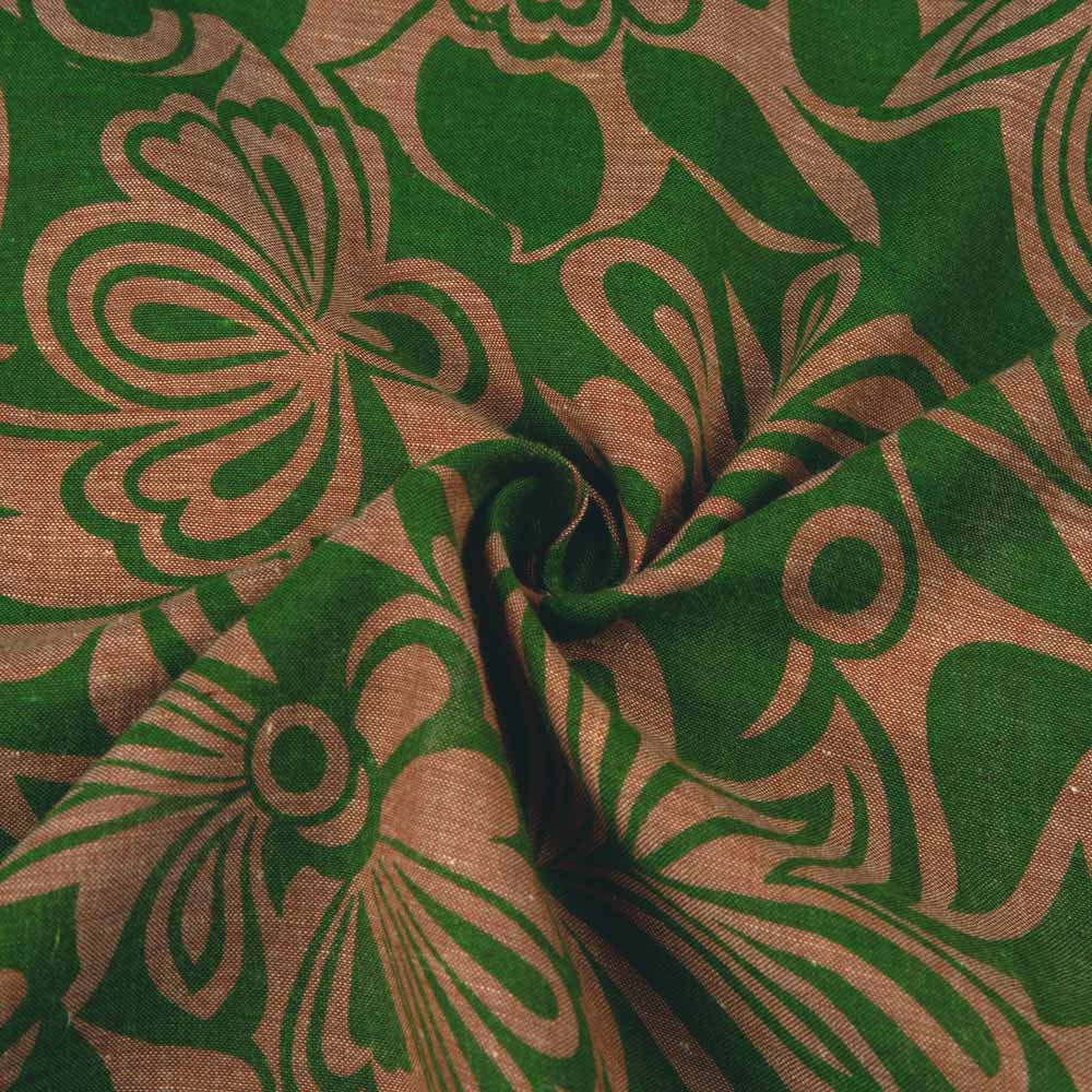 Floral Green & Brown Screenprinted Cotton Khadi 84 GSM Handwoven Fabric