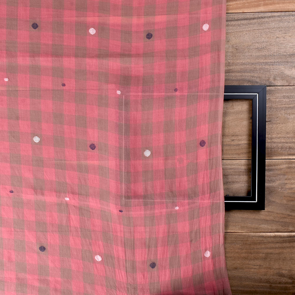 PINK GREY CHECK JAMDANI PURE COTTON 50 GSM HANDWOVEN FABRIC