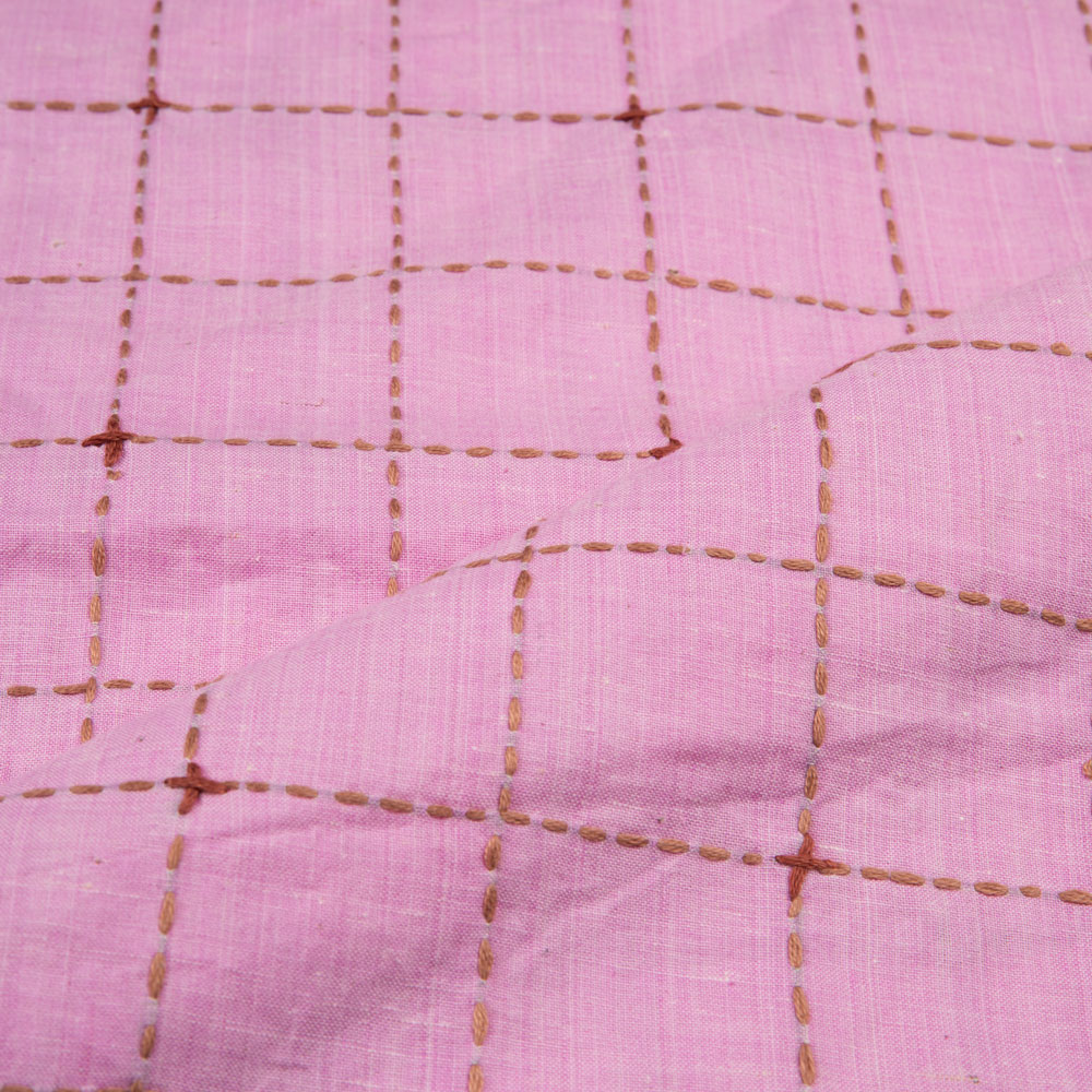 Cotton khadi fabric with Kantha embroidery in a check pattern