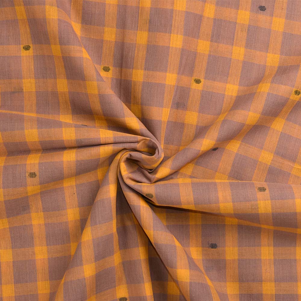 Check Brown Yellow Jamdani Pure Cotton 60 GSM Handwoven Fabric 316