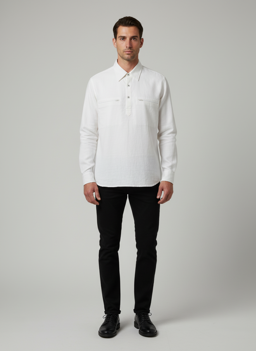 Spread Collared Shirt With Kurta Placket And Zipper Pockets