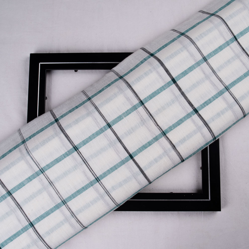 Check White Teal & Black Linen Cotton 121 GSM Handwoven Fabric