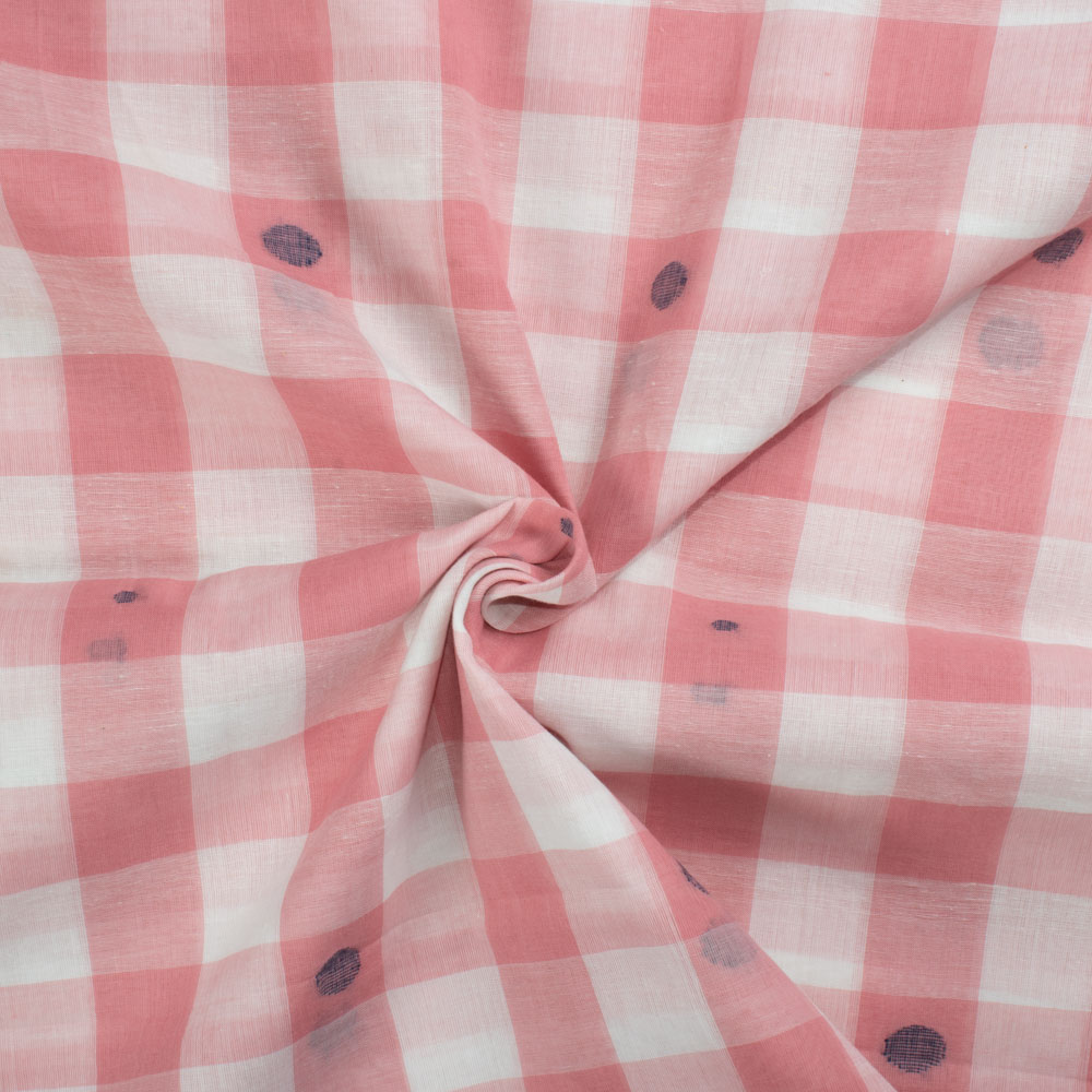 Check White Pink Jamdani Pure Cotton 55 GSM Handwoven Fabric 341