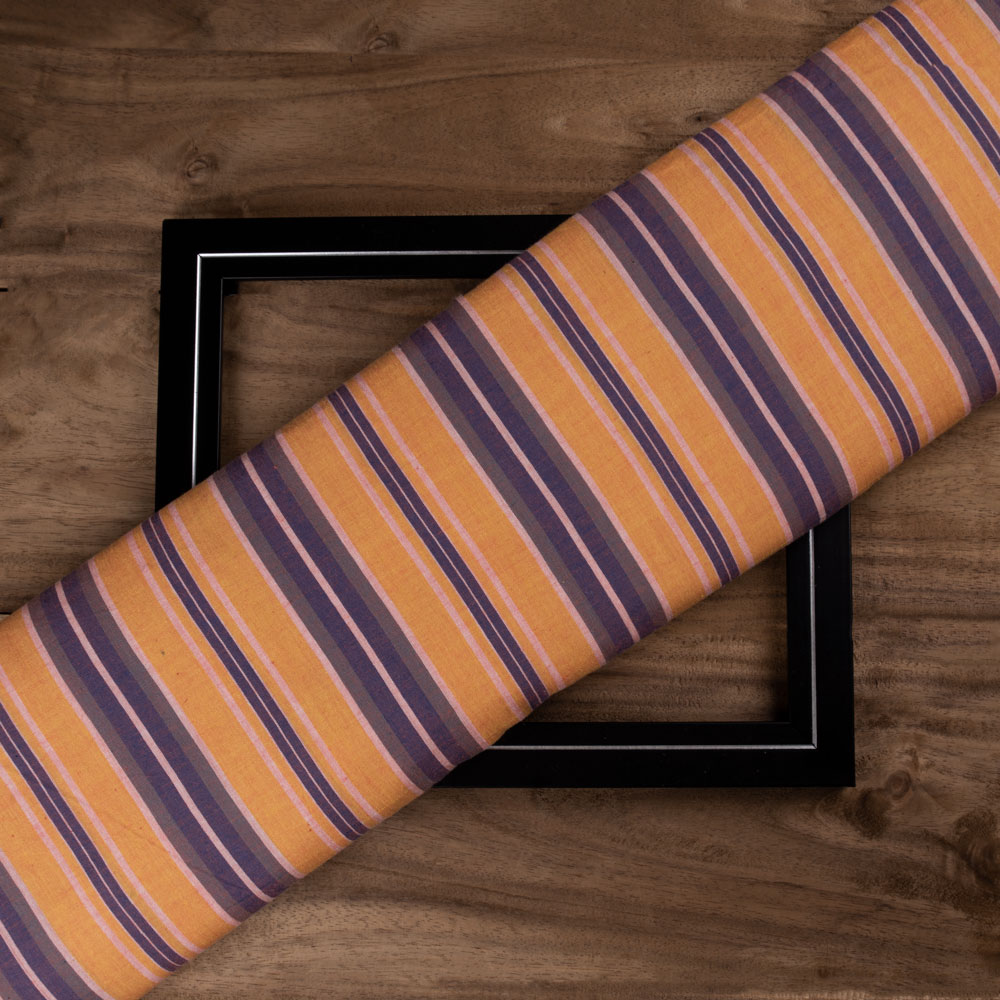 Stripe Orange & Blue Pure Cotton 95 GSM Handwoven Fabric