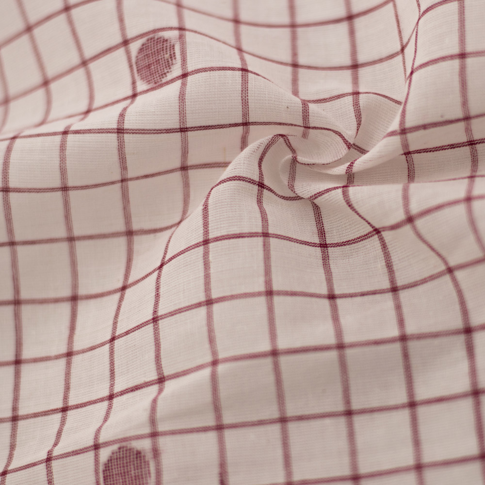 Geometric Check Cream & Red Jamdani Pure Cotton 55 GSM Fabric 19