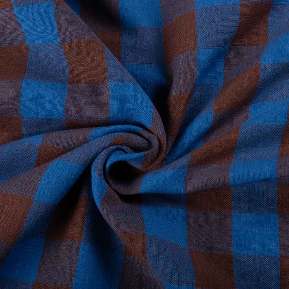 Check Royel Blue & Brown Pure Cotton 100 GSM Handwoven Fabric