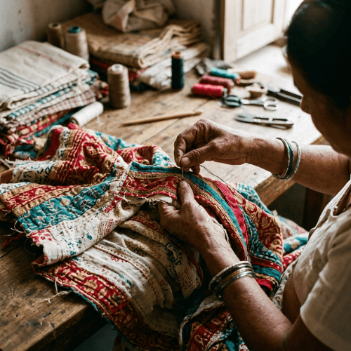 Artisan working on handwoven cotton festive garment