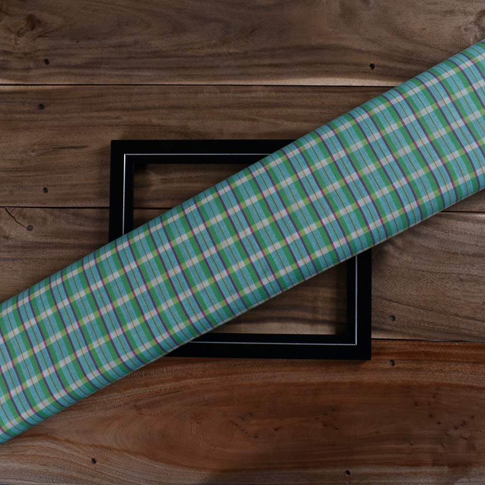 Check Green Pure Cotton 60 GSM Handwoven Fabric 350