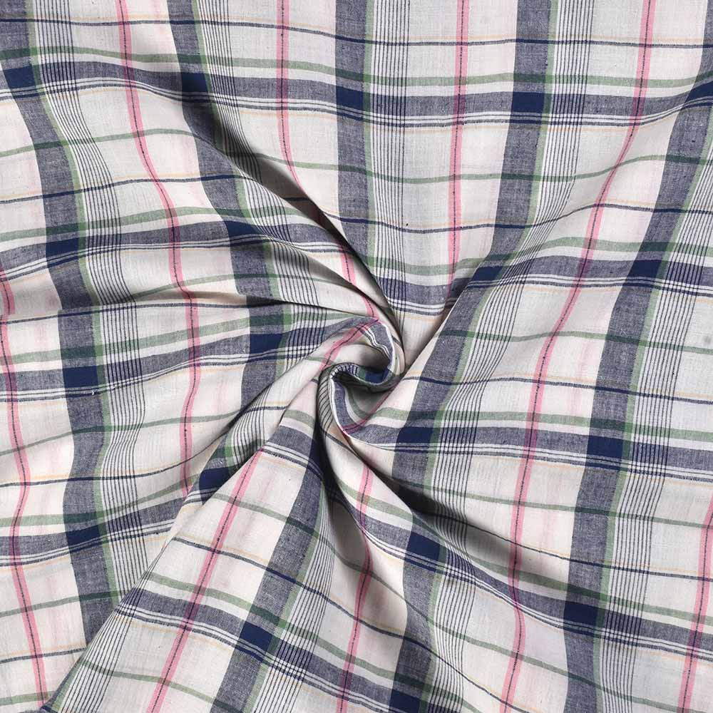 Check Multicolour & White Pure Cotton 66 GSM Handwoven Fabric