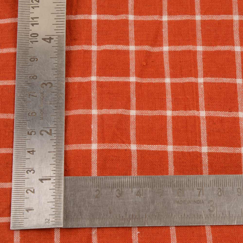 CHECK ORANGE & WHITE PURE COTTON 87 GSM HANDWOVEN FABRIC