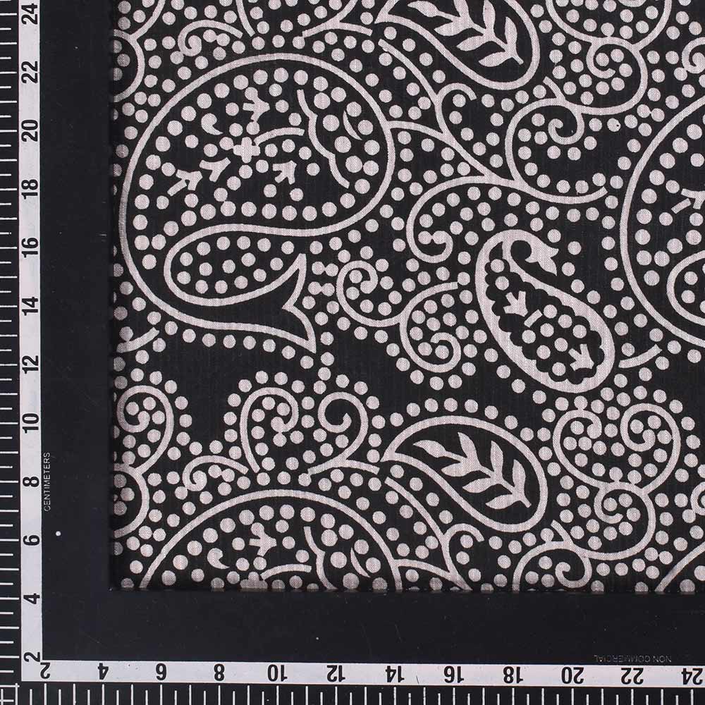 PAISLEY WHITE & BLACK SCREENPRINTED COTTON KHADI 104 GSM HANDWOVEN FABRIC