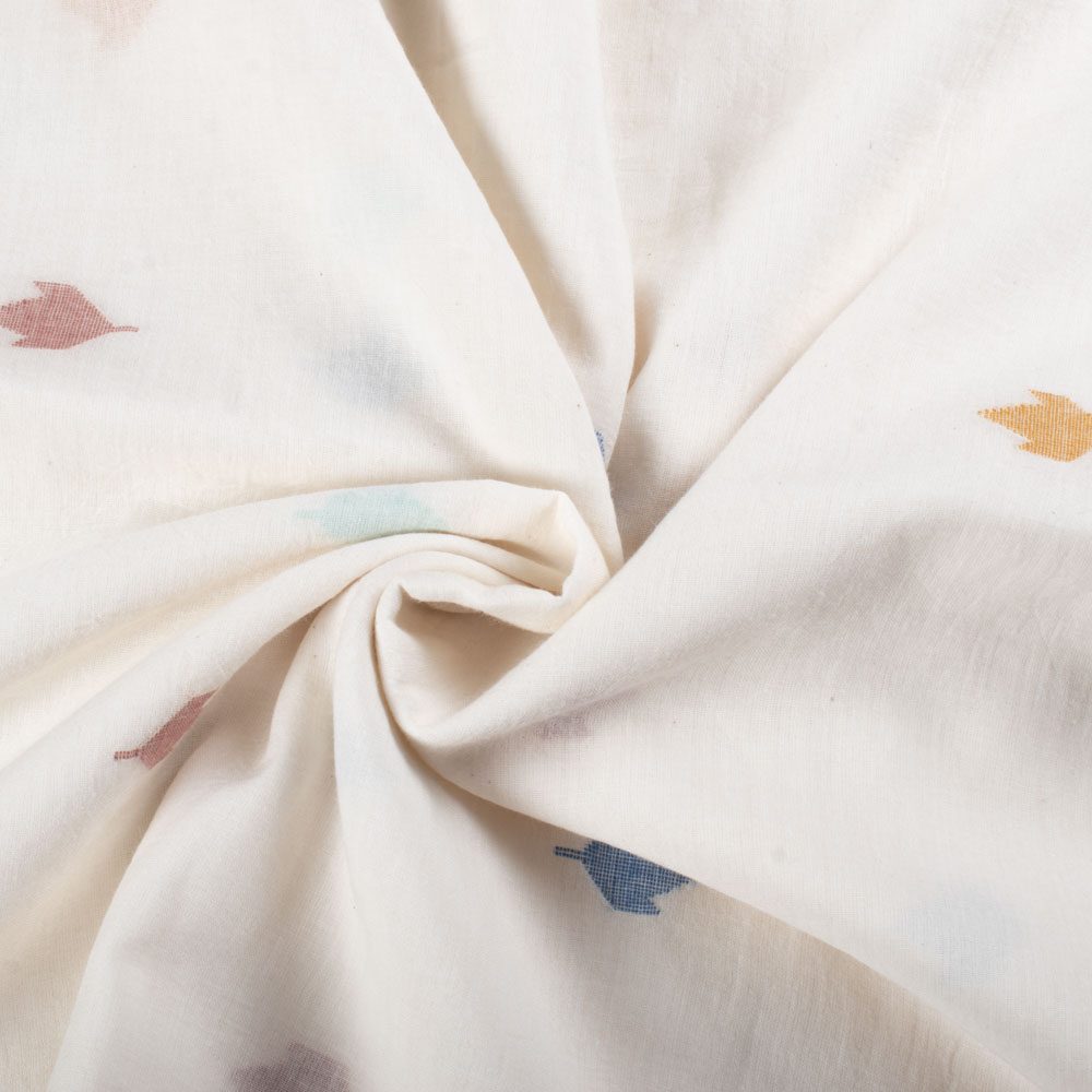 Plain White Pure Cotton 55 GSM Multicolor Leaf Jamdani Fabric