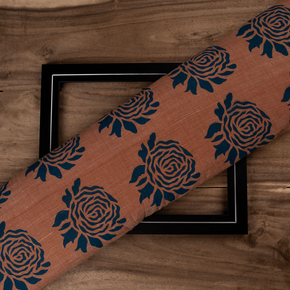 Rose Brown & Blue Screenprinted Cotton Khadi 88 GSM Handwoven Fabric