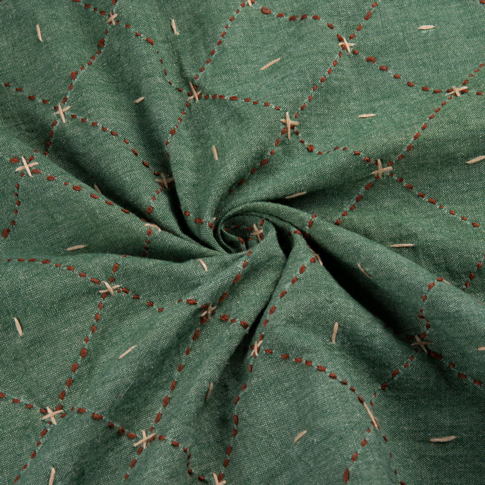Check Green Kantha Embroidered Pure Cotton 153 GSM Handwoven Fabric