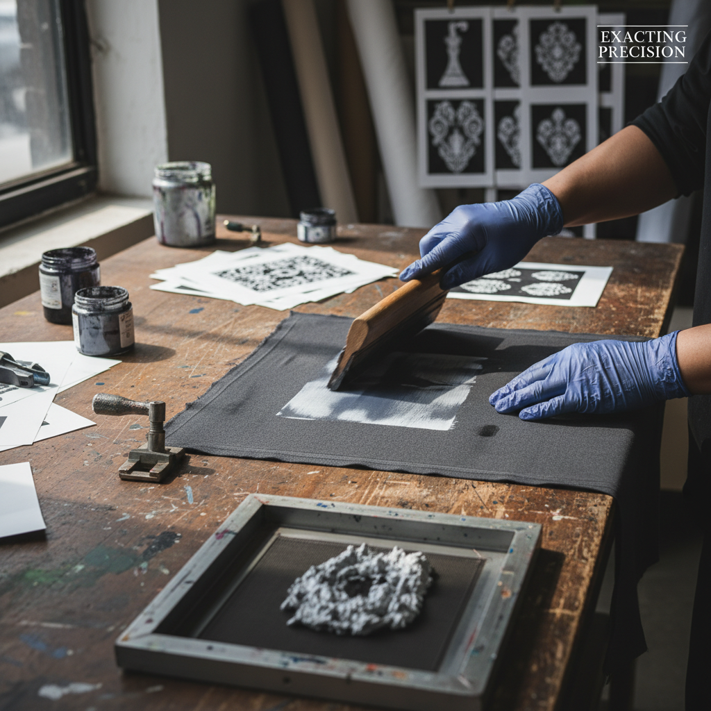 Misaligned multi-color screen print showing registration error on handwoven fabric