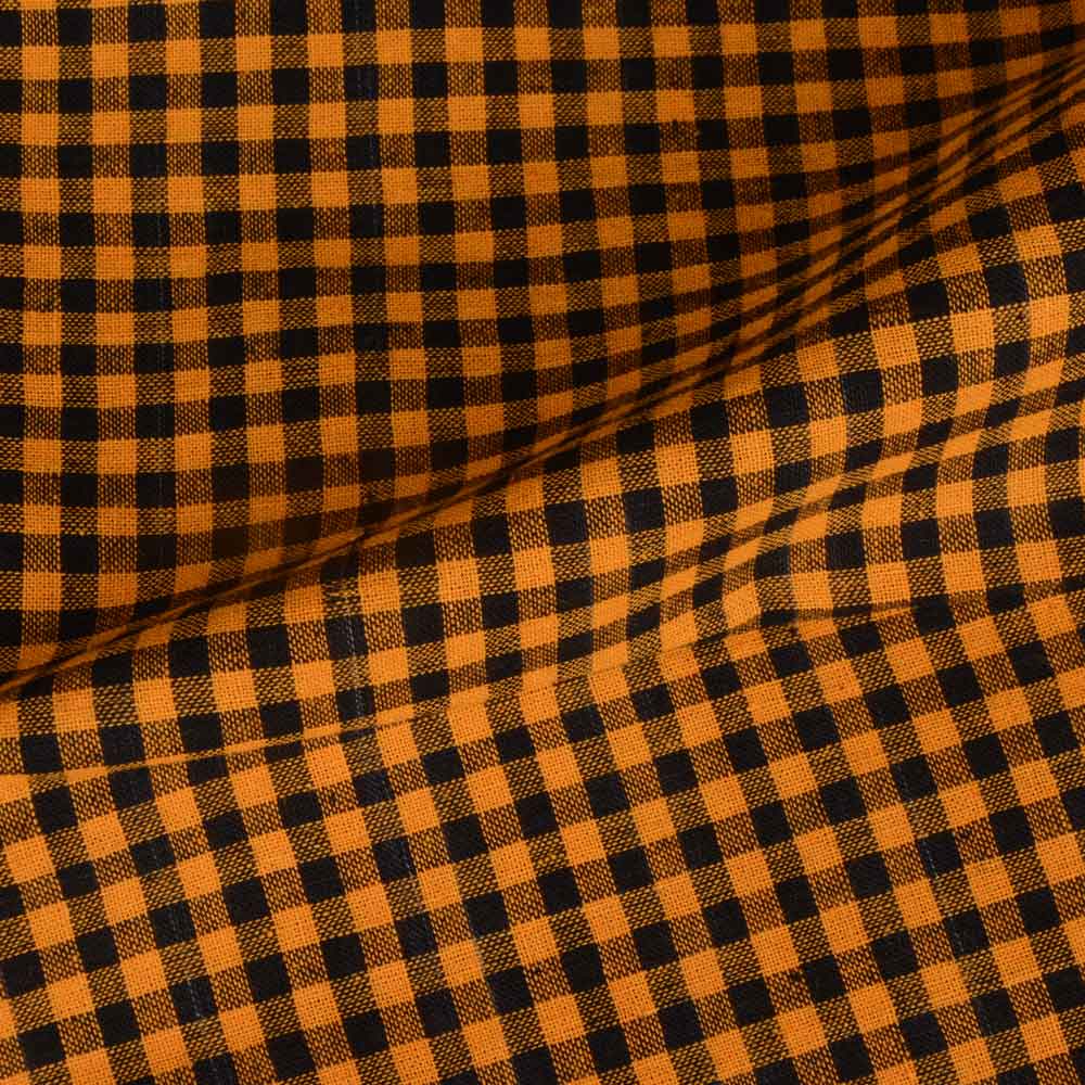 CHECK ORANGE & BLACK PURE COTTON 102 GSM HANDWOVEN FABRIC