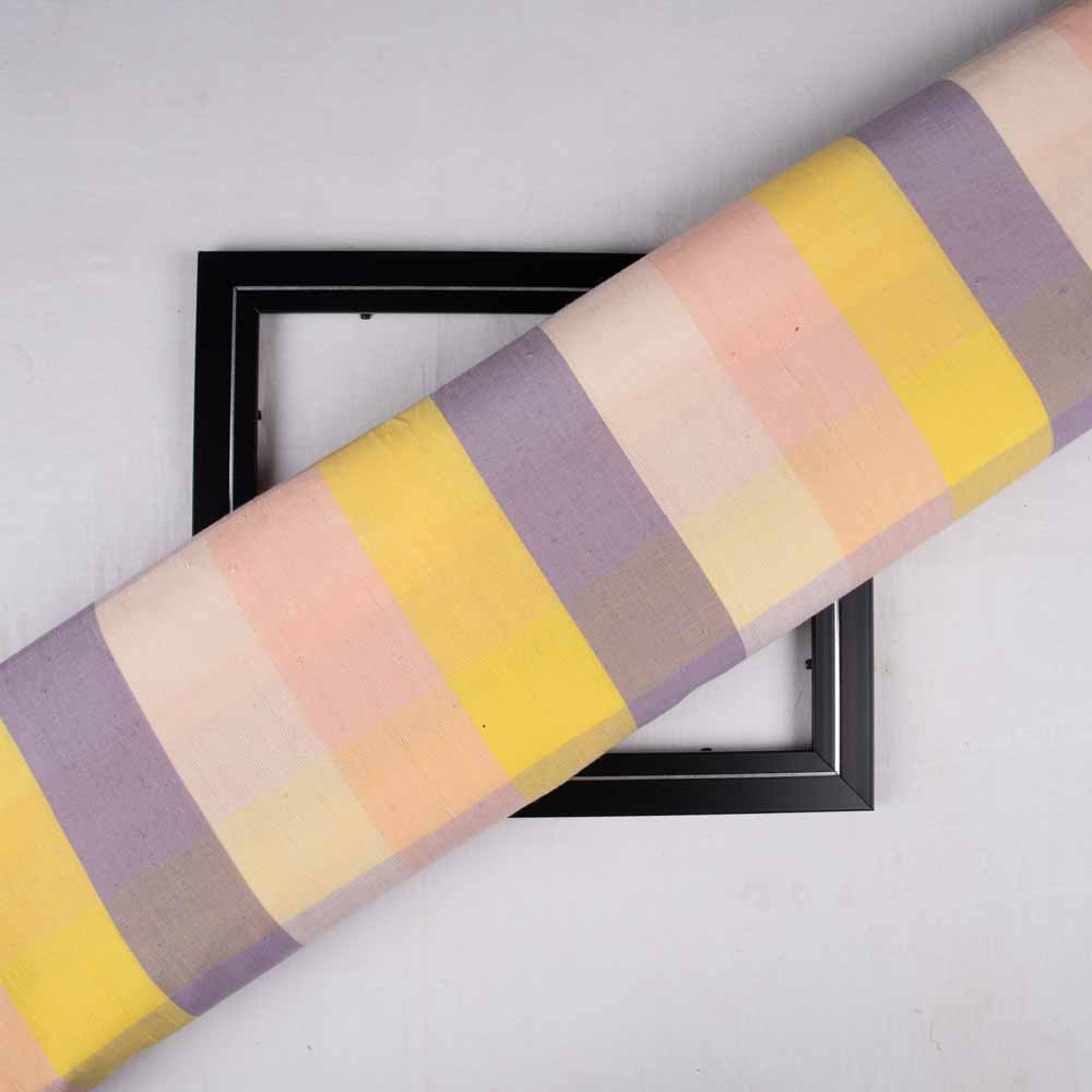 Check Peach Purple & Yellow Cotton 130 GSM Handwoven Fabric 180