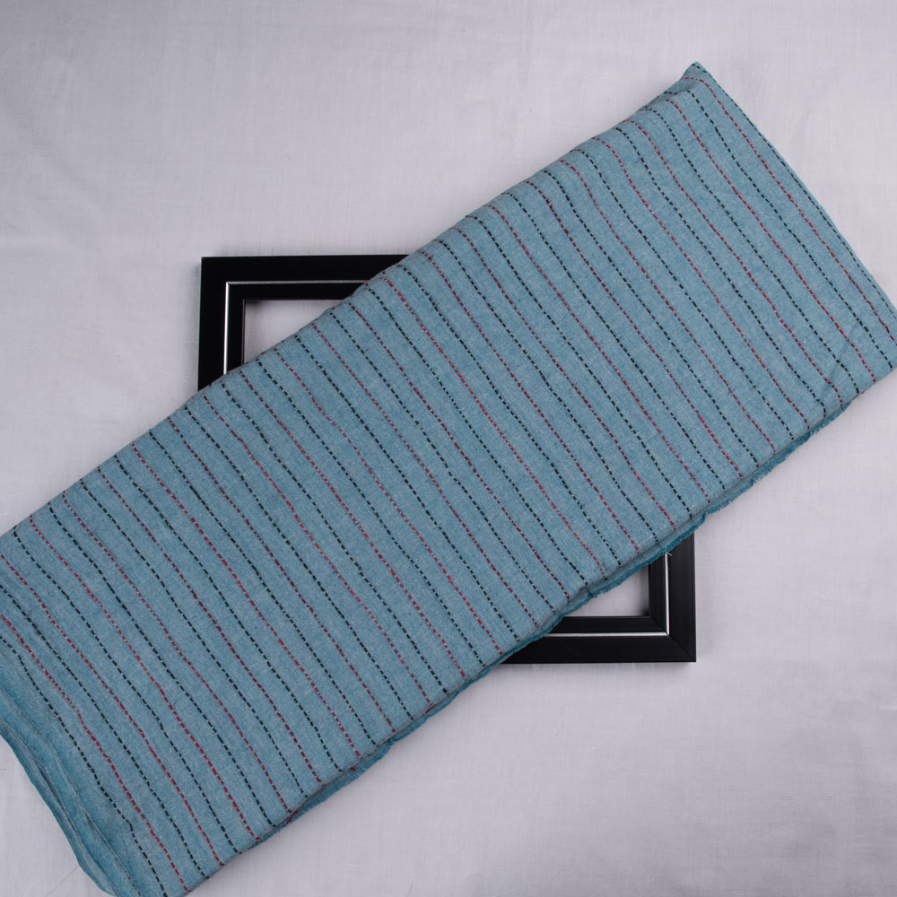 Stripe Blue Kantha Embroidered Khadi Cotton 141 GSM Handwoven Fabric