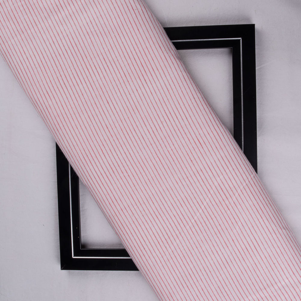 PINSTRIPE WHITE & RED PURE COTTON 98 GSM HANDWOVEN FABRIC