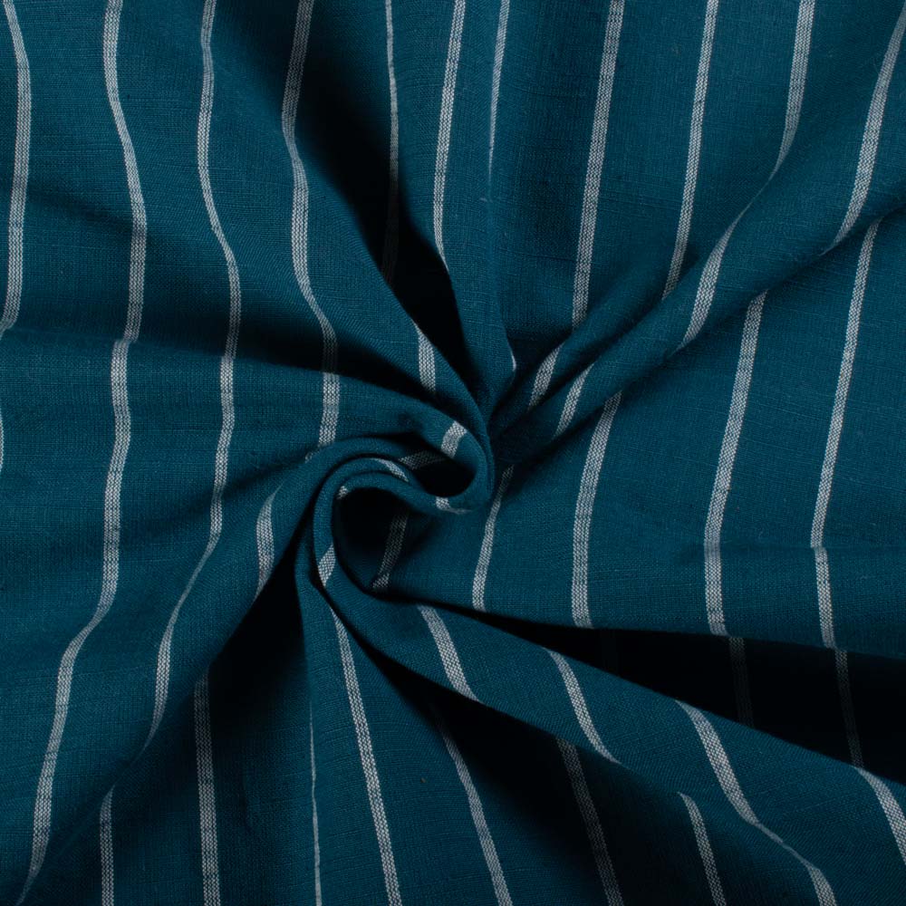 Petrol Blue & White Stripe 100 GSM Pure Cotton Handwoven Fabric