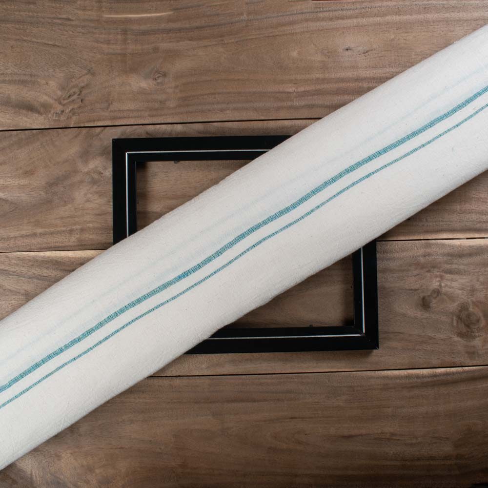 Khesh Recycled White & Turquoise Blue Stripe 135 GSM Pure Cotton Handwoven Fabric