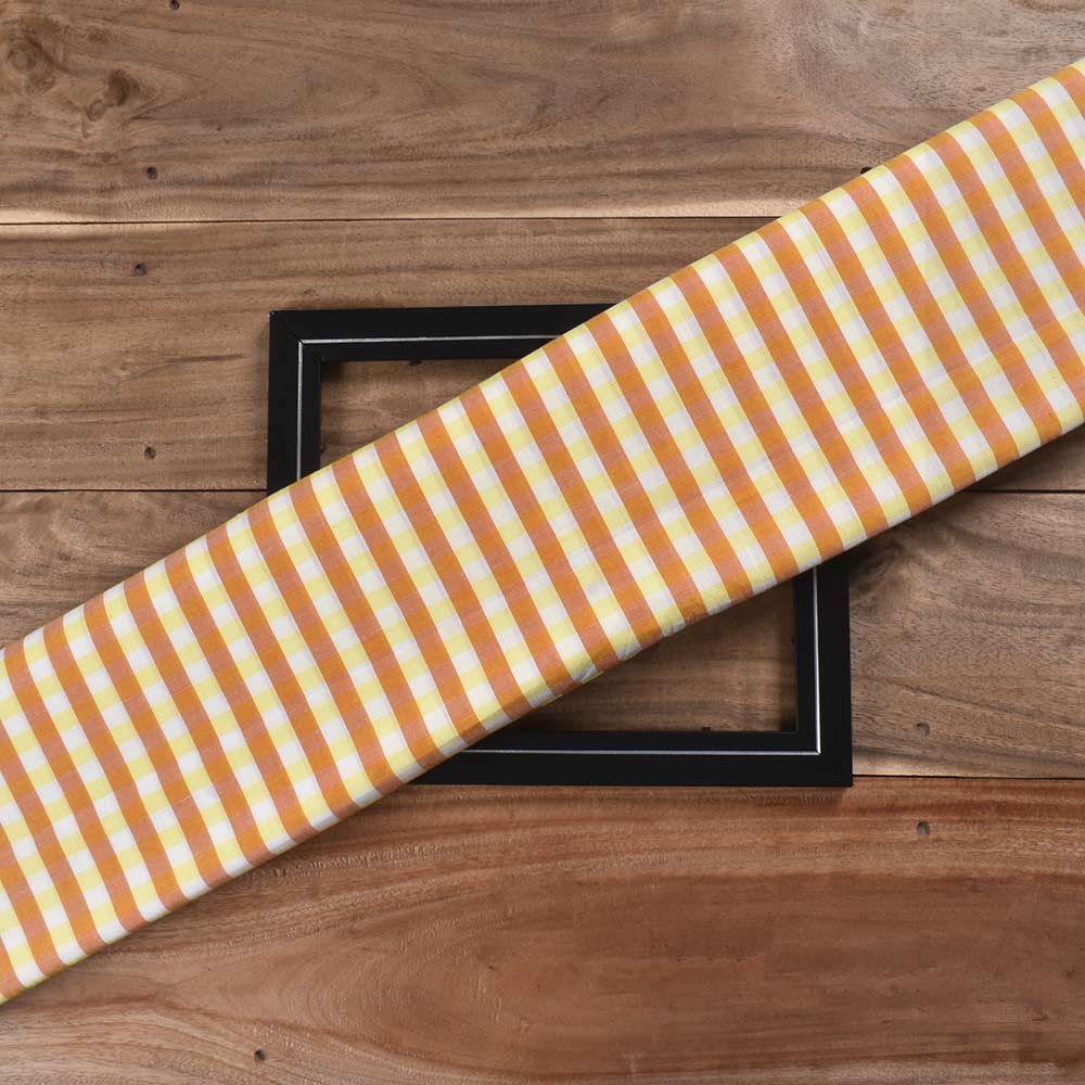 Check Yellow & Orange Pure Cotton 84 GSM Handwoven Fabric