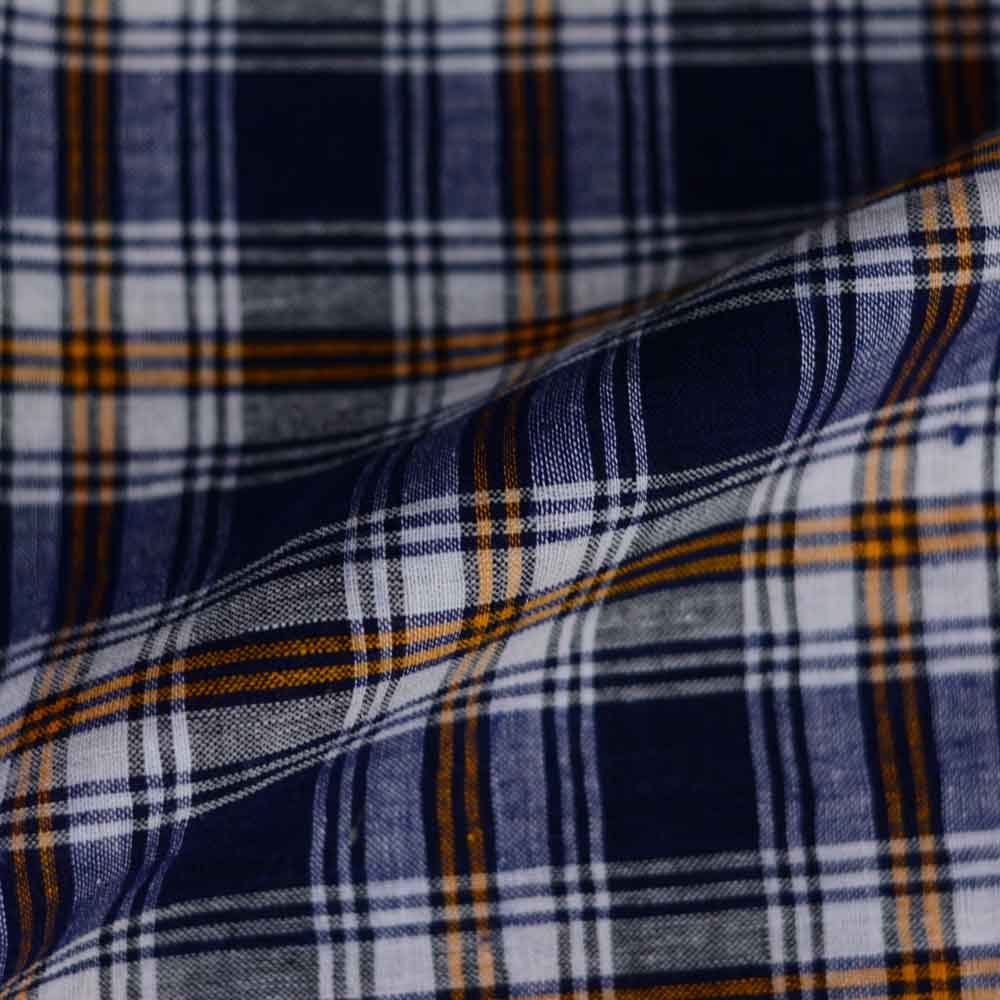 CHECK BLUE & ORANGE PURE COTTON 87 GSM HANDWOVEN FABRIC