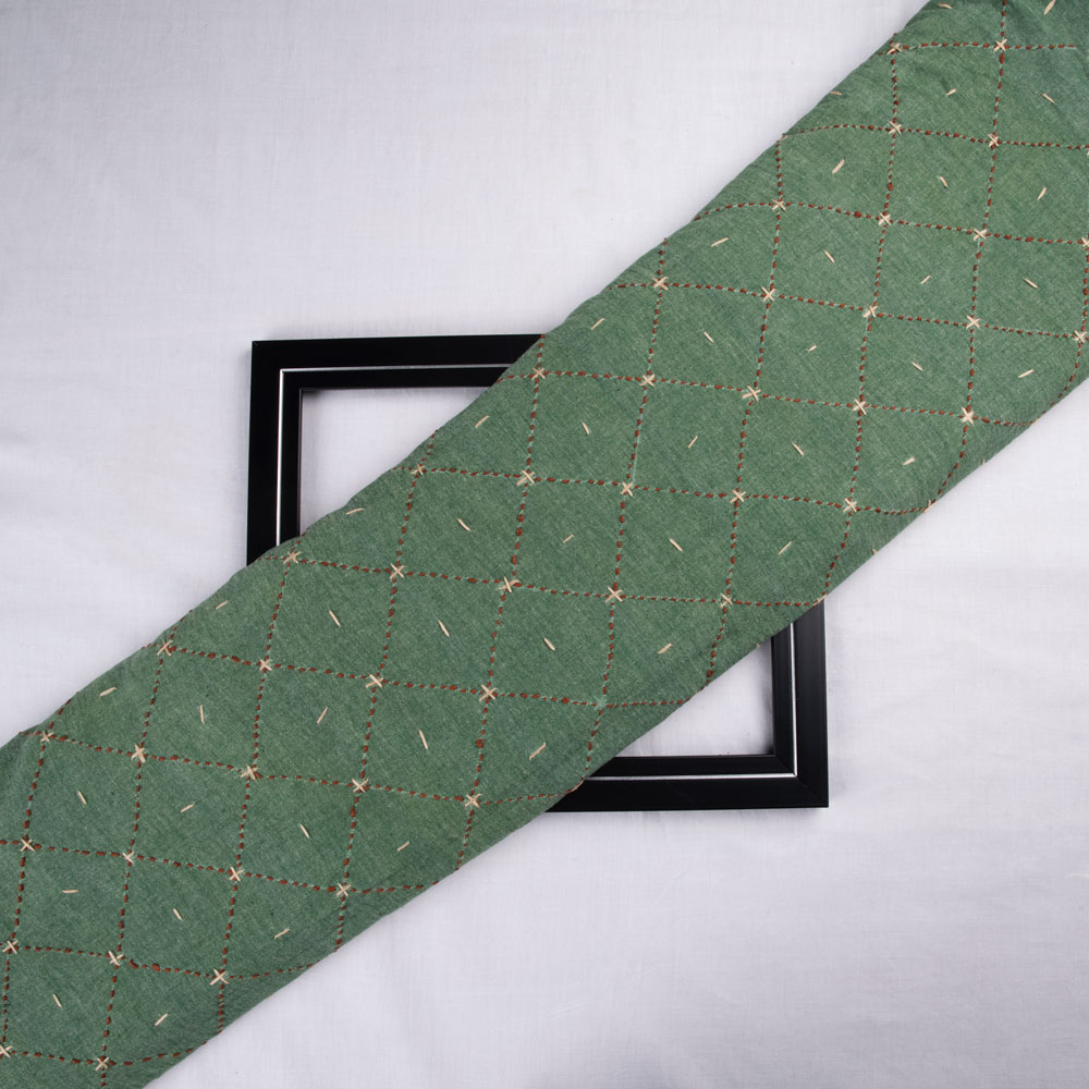 Check Green Kantha Embroidered Pure Cotton 153 GSM Handwoven Fabric