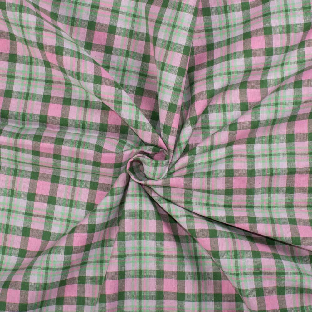 Check Pink and Green Pure Cotton 105 GSM Handwoven Fabric