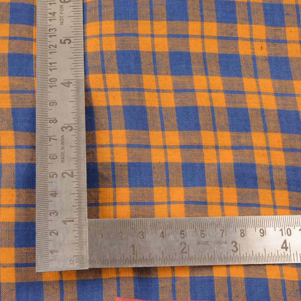 CHECK ORANGE & BLUE PURE COTTON 97 GSM HANDWOVEN FABRIC