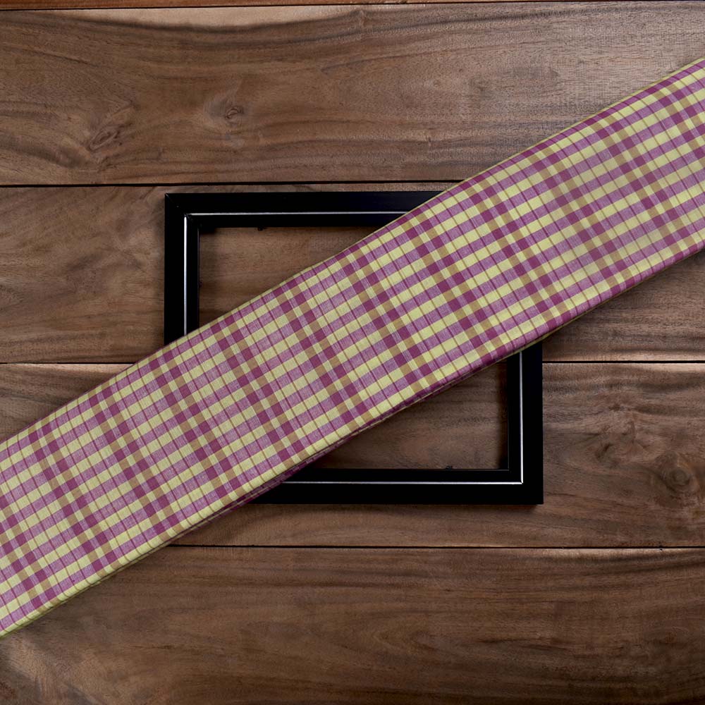 Check Yellow Purple Pure Cotton 72 GSM Handwoven Fabric