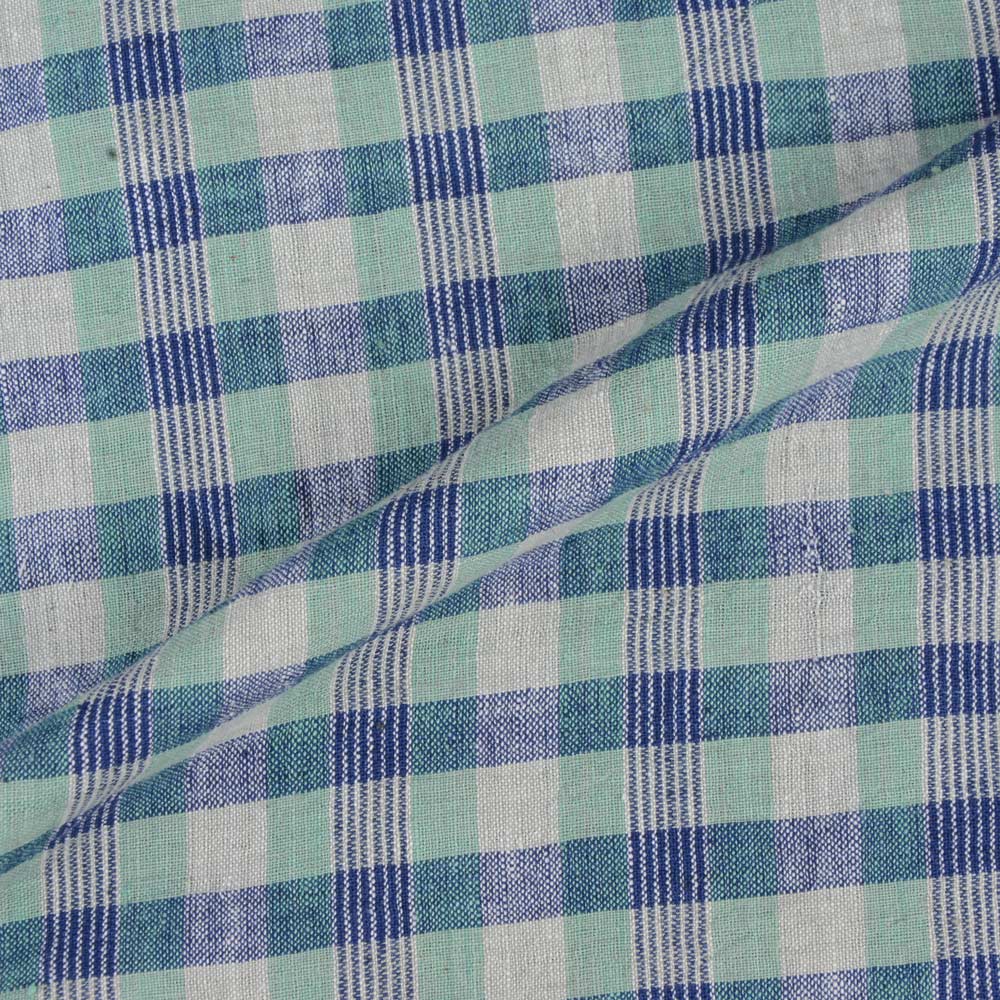 CHECK BLUE GREEN KHADI FABRIC - 120 GSM HANDSPUN & HANDWOVEN