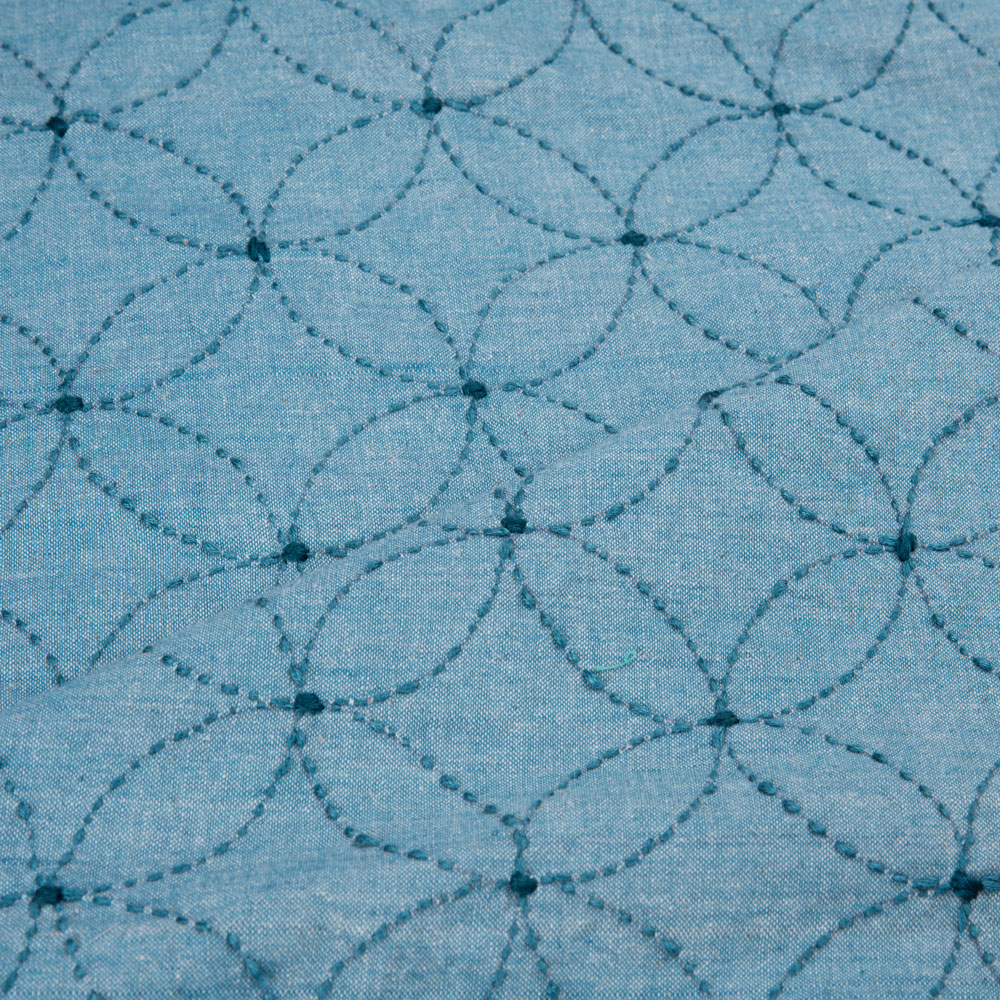 GEOMETRC BLUE KANTHA EMBROIDERED KHADI COTTON 152 GSM HANDWOVEN FABRIC