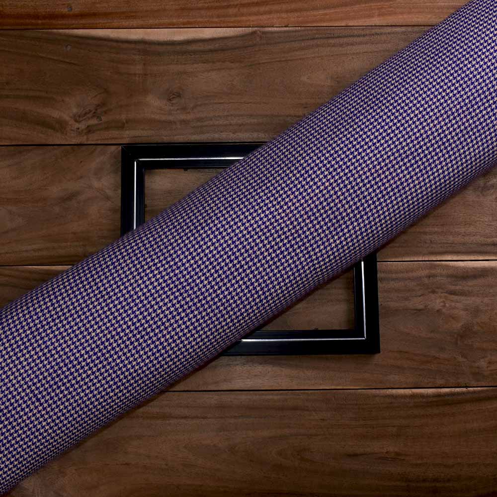 Houndstooth Blue Cream Pure Wool 220 GSM Handwoven Fabric