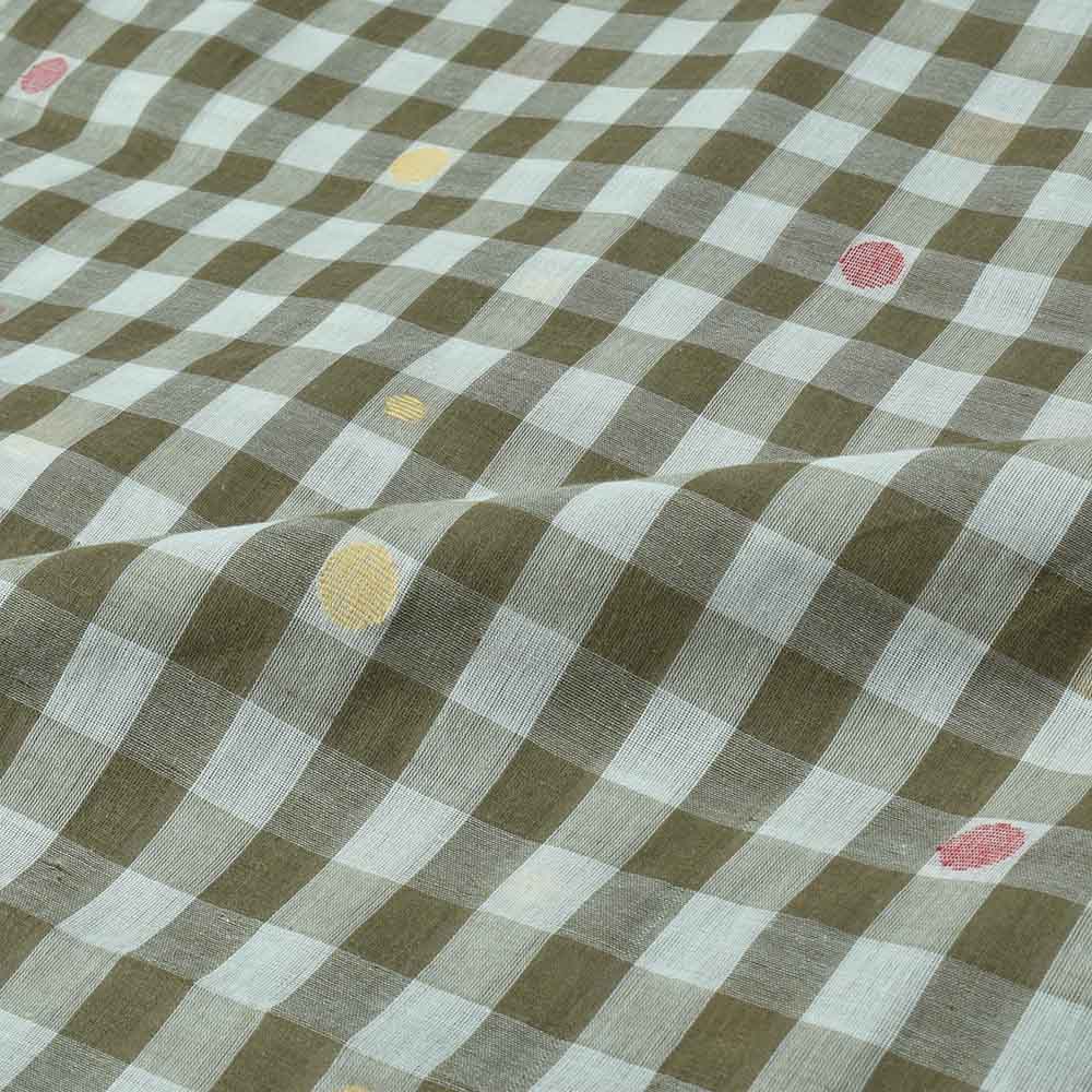 CHECK WHITE OLIVE JAMDANI PURE COTTON 55 GSM HANDWOVEN FABRIC